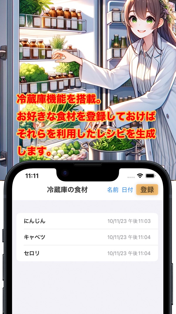 健康レシピ: 冷蔵庫の食材を登録する画面