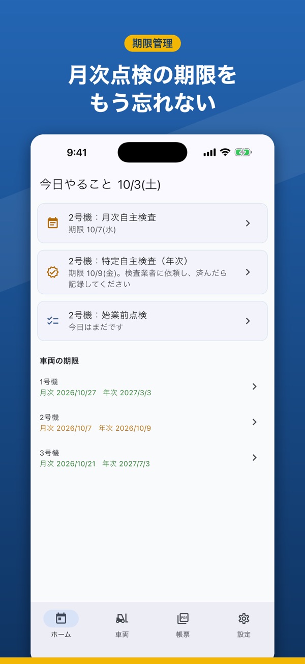 フォークリフト点検簿: 今日やることと車両ごとの点検期限の一覧