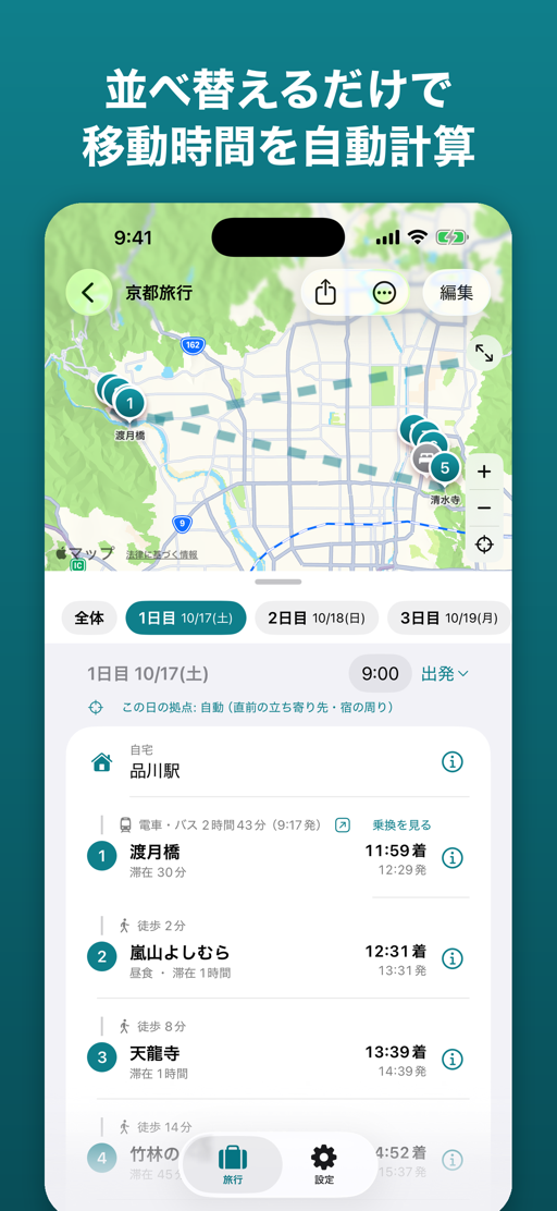 旅プラン: 並べ替えるだけで移動時間を自動計算する旅程画面